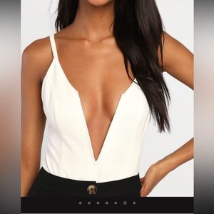 Beyond Sultry White Sleeveless Plunge Bodysuit